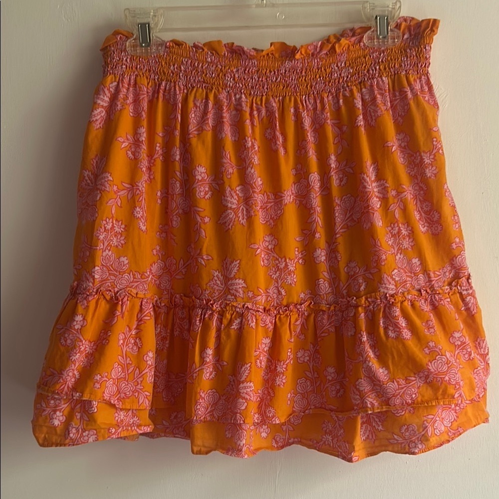 J. Crew Orange and Pink Ruffled Smocked Mini Skirt